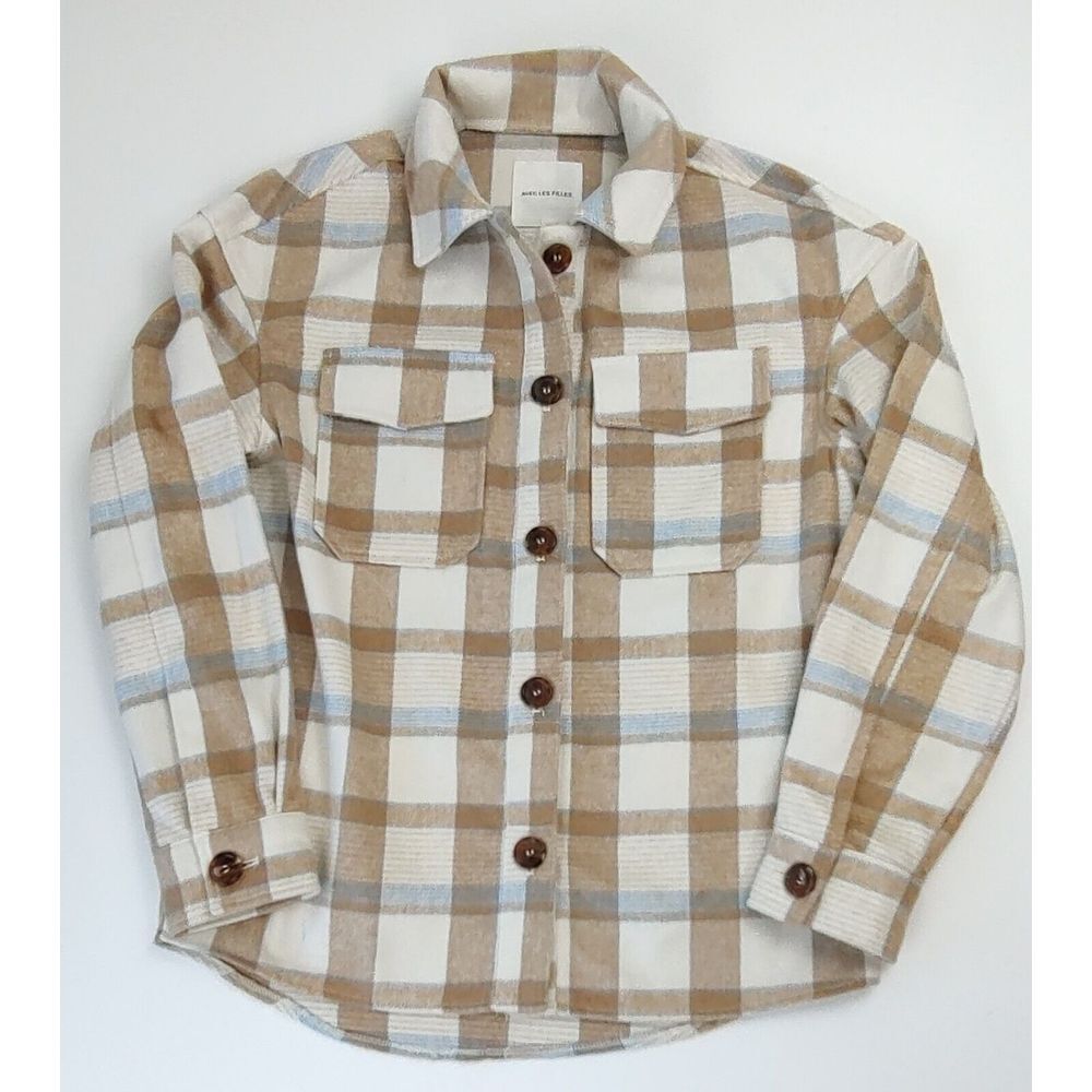 Avec Les Filles Plaid Shacket Tan Cream Blue Wool Blend Button Front Jacket XS